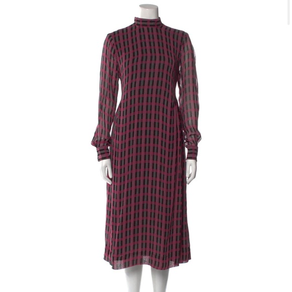 GANNI Mock Neck Dress Size 40 Long Sleeves Pleated Midi Plaid Size 10 Pink AA - Picture 12 of 13